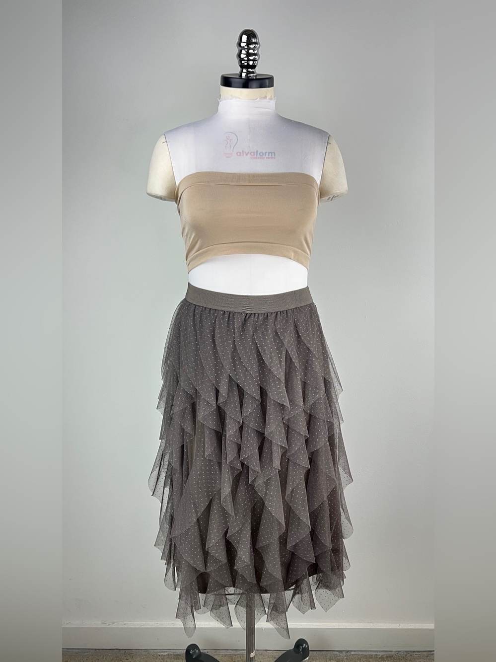 💚 3856. Ruffle Tulle Midi Skirt - Taupe